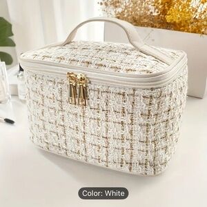 White Tweed Cosmetic Train Case with Gold Accents